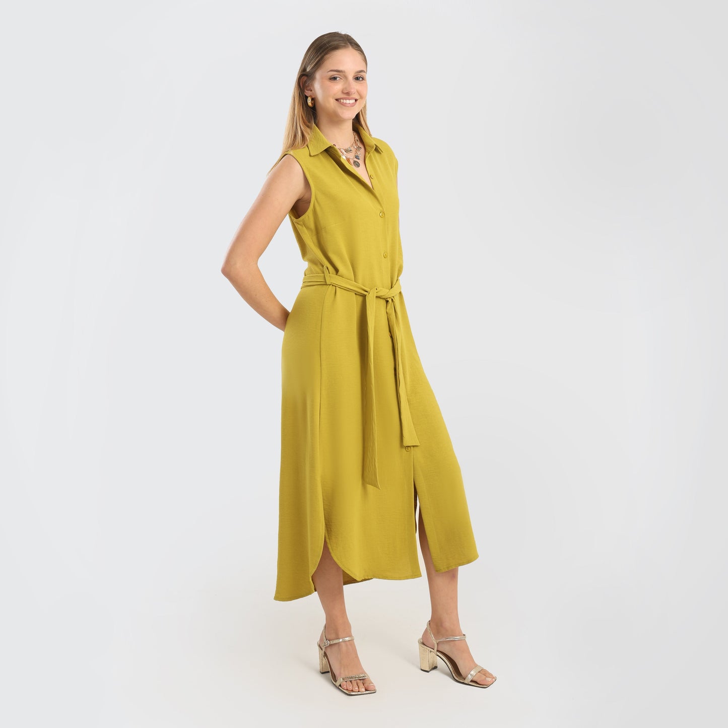 Sleeveless Button - Down Midi Dress with Waist Tie – Mustard Yellow - Marca Deals - Flavie
