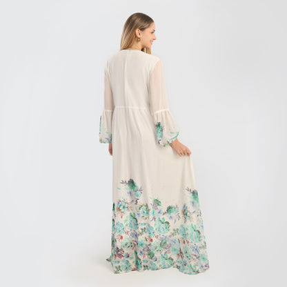 Elegant Floral Print Maxi Dress with Sheer Sleeves & Front Tie – Off - White - Marca Deals - Flavie