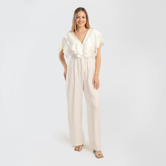 Elegant Green Ruffled Wide - Leg Jumpsuit with Drawstring Waist - Marca Deals - Flavie